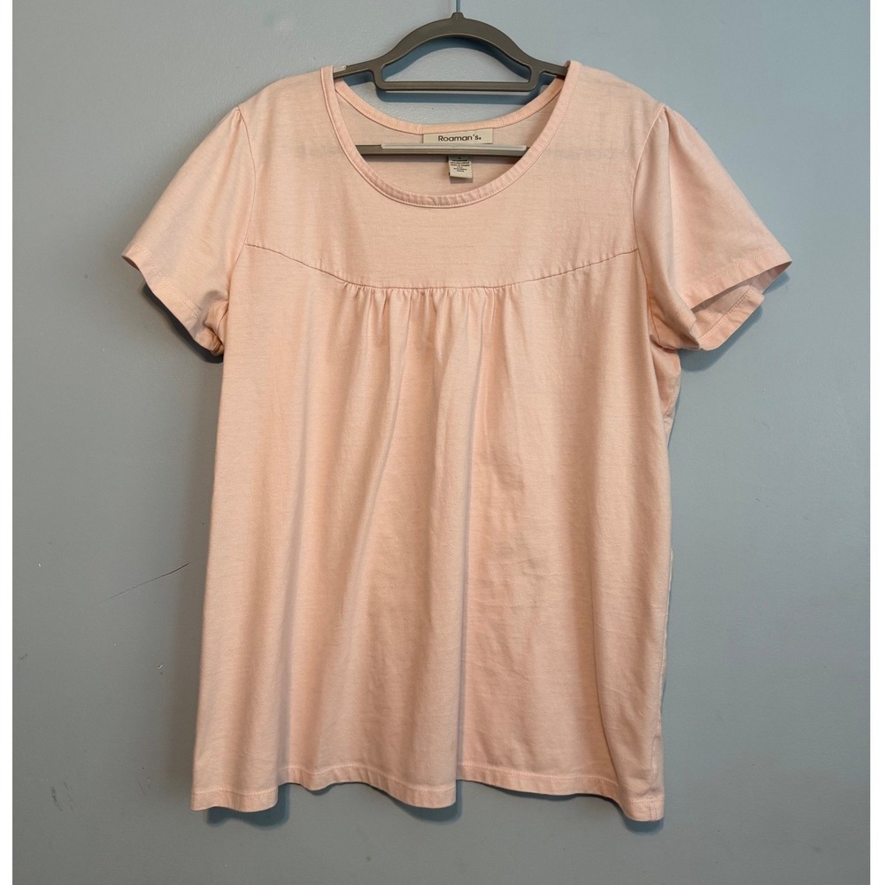 Roamans Women's 1X Light Pink Empire Waist Short Sleeve Knit Scoop Neck Top 1966